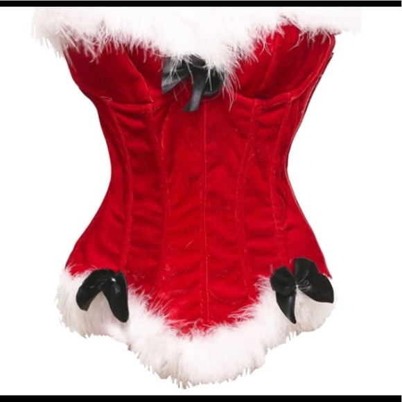 Lingerie Fur Trim Red Velvet Corset Set - Picture 13 of 16